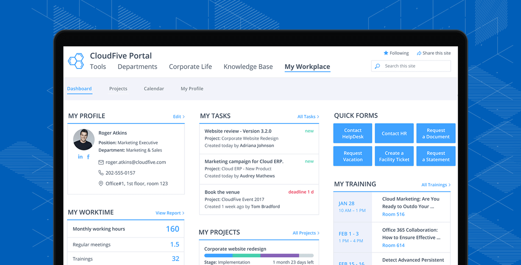 Employee self-service portal for HR tasks, requests, and company resources.