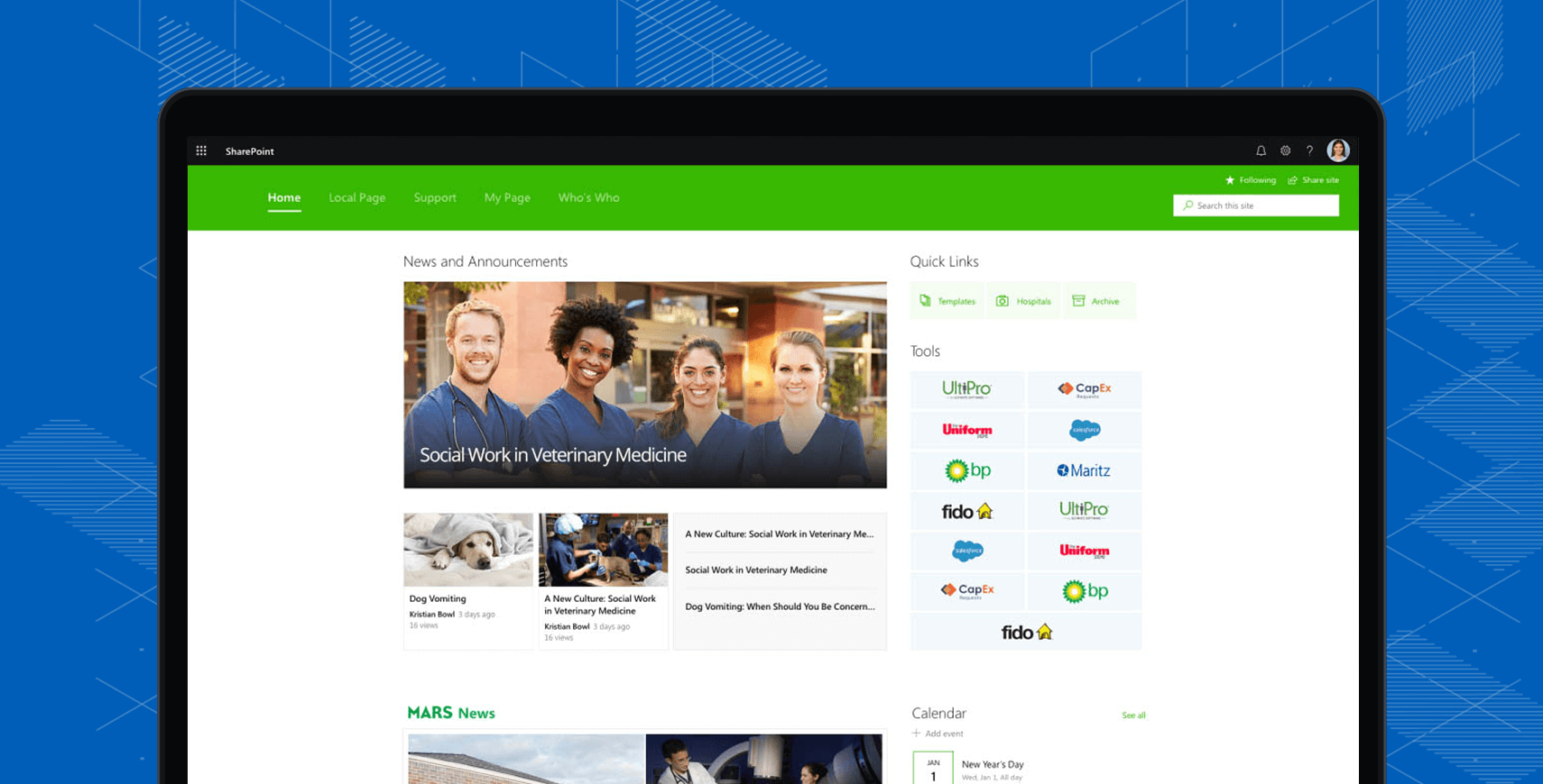 Intranet portal for internal news, documents, teams, and company resources.