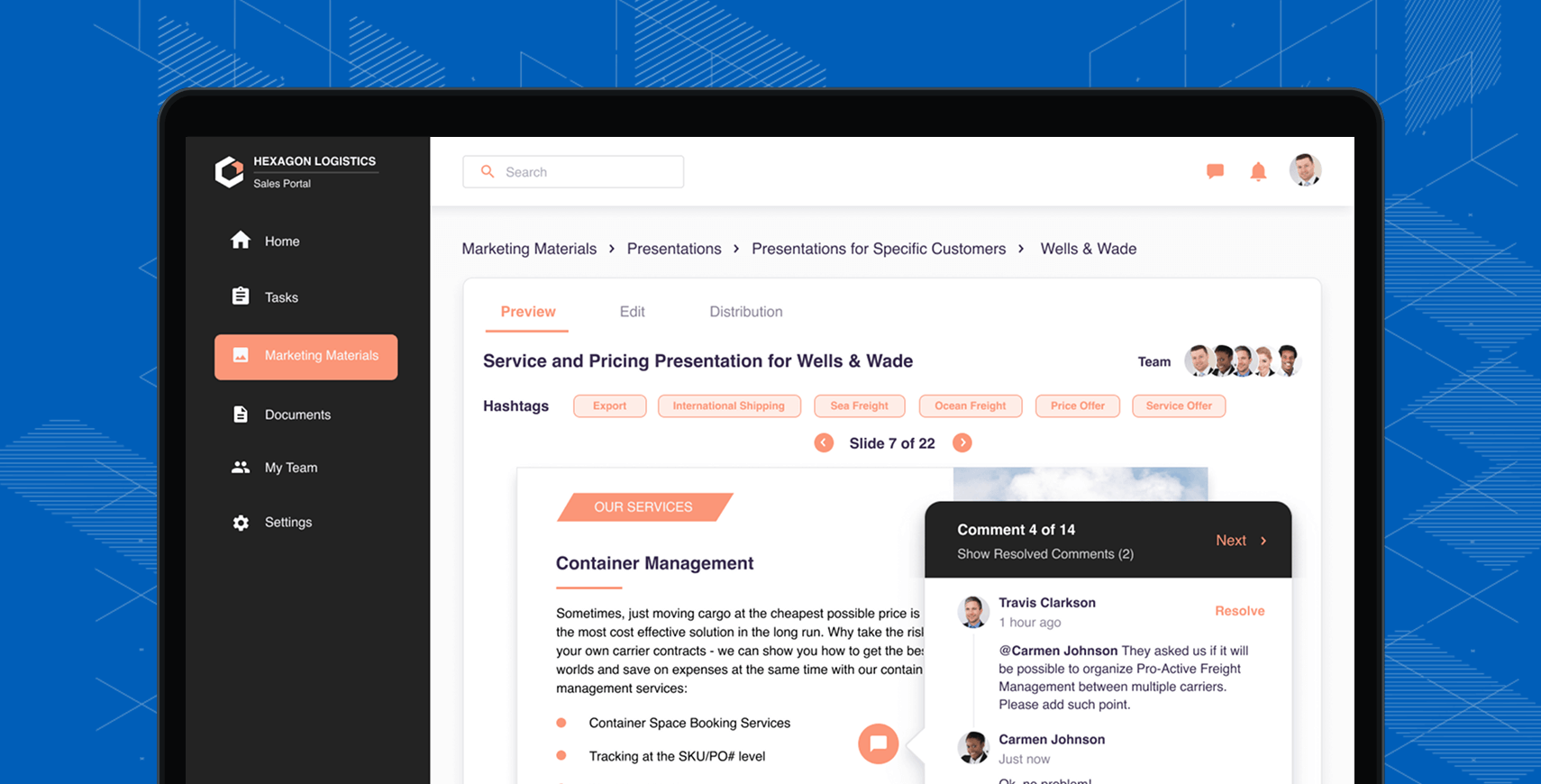 Sales portal interface for leads, deals, quotes, and customer data.
