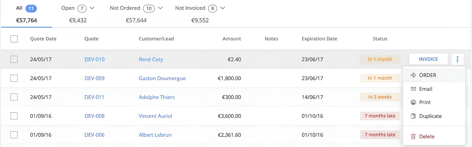 A billing platform UI listing customer invoices and statuses