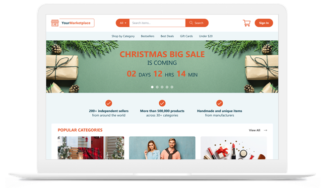 Online marketplace demo with product listings, filters, seller pages, and checkout.