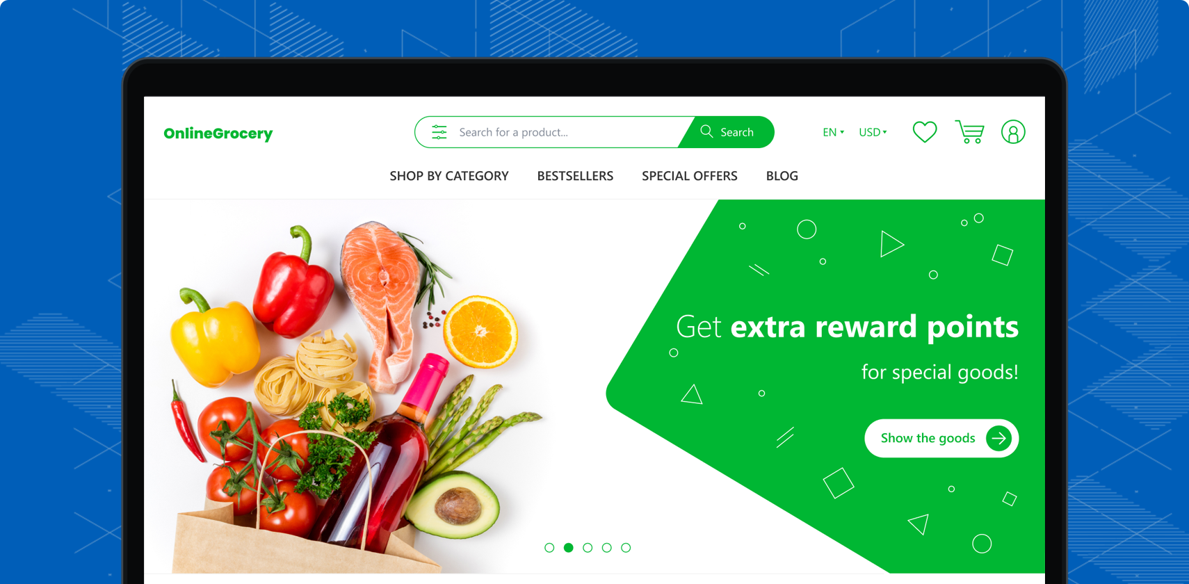 Food ecommerce homepage with product categories, featured items, and ordering options.